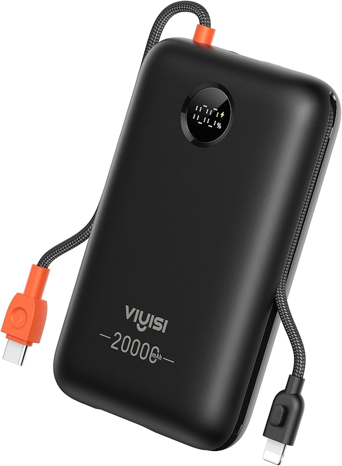 Portable Charger 20000mAh 30W Fast Charging, Power Bank with Built-in Cables & LED Display, USB C Battery Pack for iPhone 16/15/14/13, Samsung, iPad and Android Phones, Ideal for Travel -Black