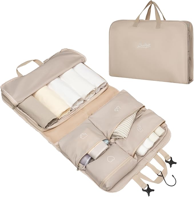 Hanging Packing Cubes,Garment Bags for Travel and Storage, Travel Apparel Bags for Men Women with 5 Solid Color Pockets, Storage Bags for Clothes, Socks,Underwear for Carry on Suitcase (Khaki)