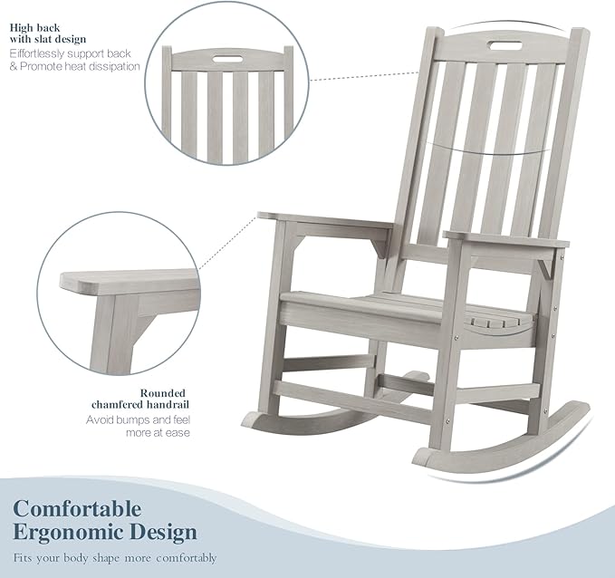 Psilvam Oversized Outdoor Rocking Chair, with 21" Wide Seat and 32" Tall Backrest, Pre-Assembled with Most Components for Effortless Installation (Gray)
