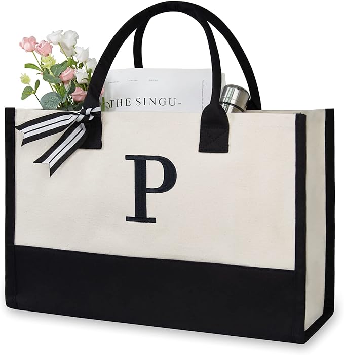 TOPDesign Embroidery Initial Canvas Tote Bag, Personalized Present Bag, Suitable for Wedding, Birthday, Beach, Holiday, is a Great Gift for Women, Mom, Teachers, Friends, Bridesmaids (Letter P)