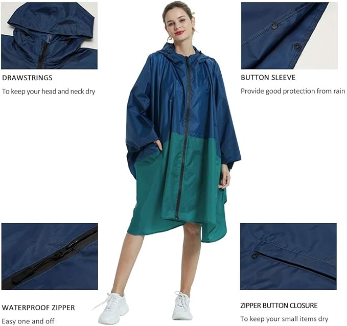 Rain Poncho Jacket Coat Hooded Zipper Style for Women/Men/Adult with Pocket