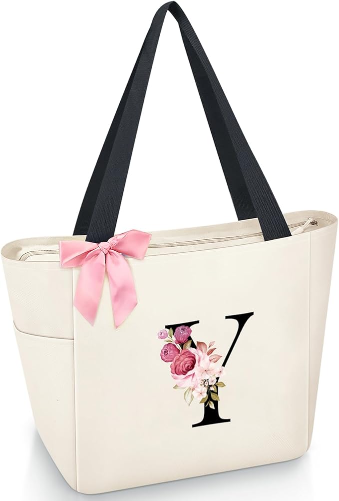 Vavabox Tote Bag, A-Z Initial Monogrammed Waterproof Tote Bag, Bridesmaid Gifts for Women, Black and Pink