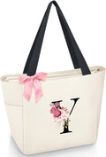 Vavabox Tote Bag, A-Z Initial Monogrammed Waterproof Tote Bag, Bridesmaid Gifts for Women, Black and Pink