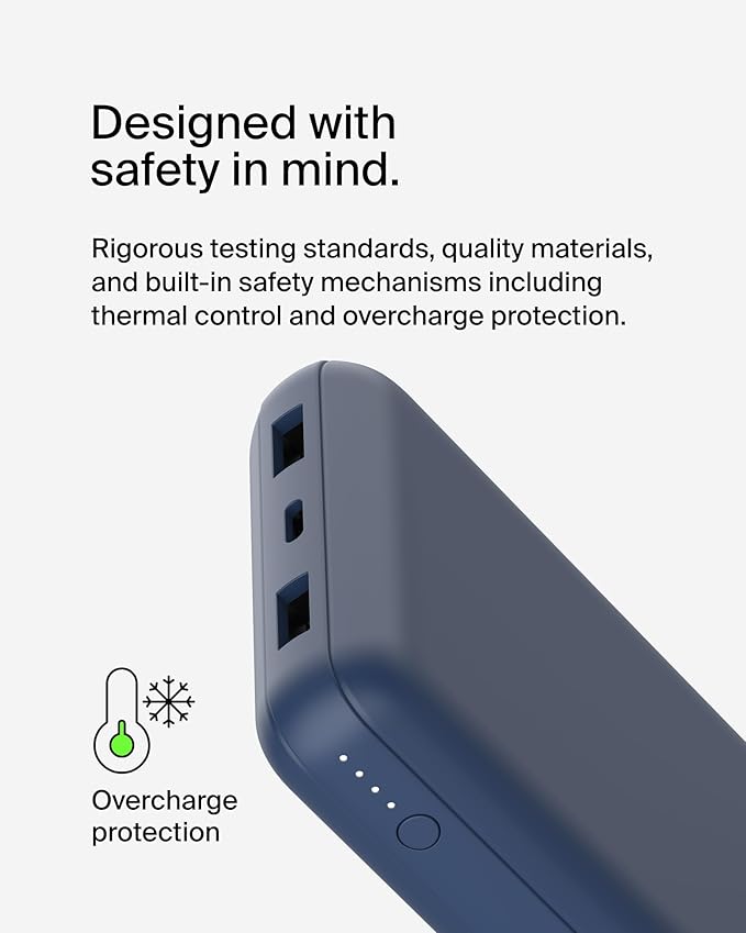 Belkin Portable Charger, USB C Power Bank 20000 mAh w/ 2 USB-A Ports, 15W w/ Type-A to Type-C Cable for iPhone 16, 15, Plus, Pro, Max, Samsung Galaxy S25, S24, Google Pixel 10, iPad, etc. - Blue
