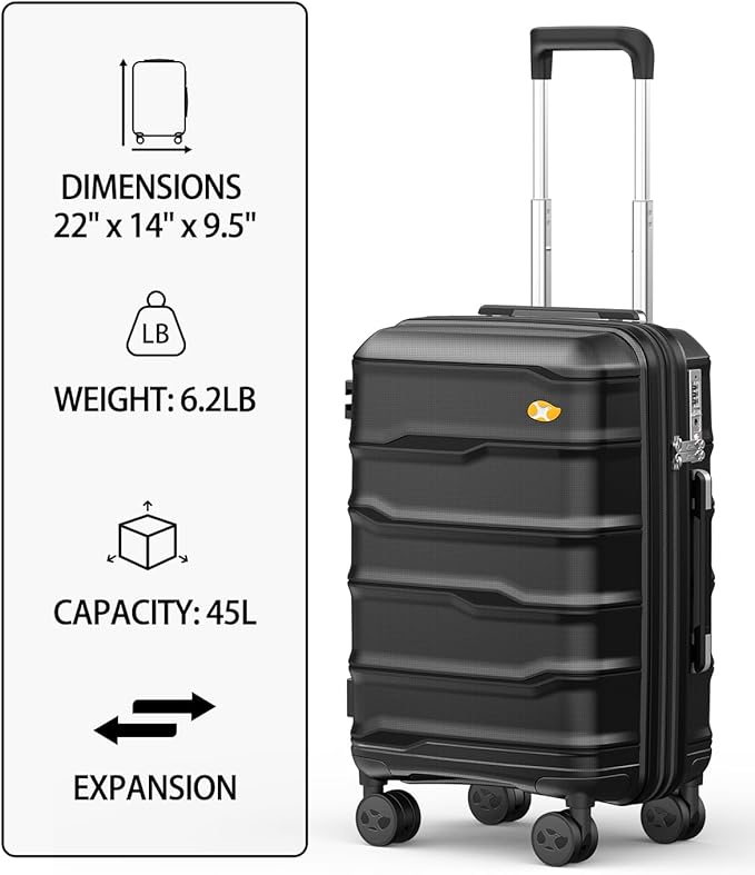 Carry On Luggage 22x14x9 Airline Approved, 20 Inch Ultra Lightweight Hardshell Suitcase with 8 Spinner Wheels & TSA Lock, Fits United, Delta, American Airlines Overhead Bins, Black