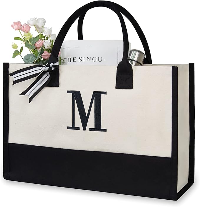 TOPDesign Embroidery Initial Canvas Tote Bag, Personalized Present Bag, Suitable for Wedding, Birthday, Beach, Holiday, is a Great Gift for Women, Mom, Teachers, Friends, Bridesmaids (Letter M)