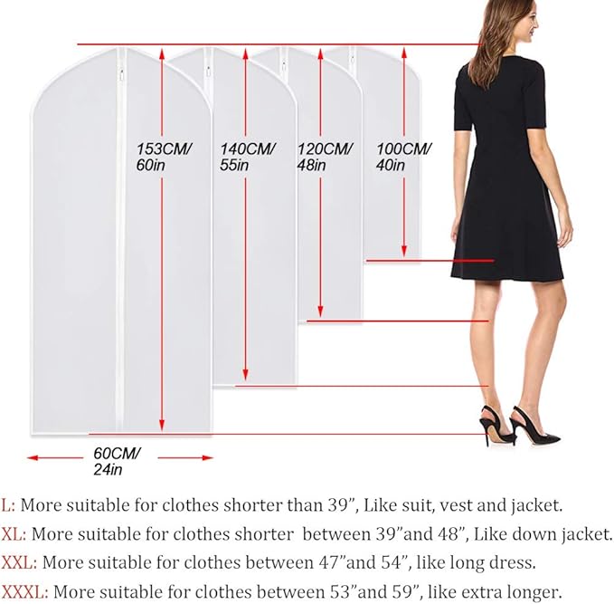 Garment Bag Covers 24''X54'' Lightweight White PEVA Breathable Bags (Pack of 6) with Study Full Zipper for Closet Clothes Storag (24''X55'', White)