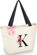 Vavabox Tote Bag, A-Z Initial Monogrammed Waterproof Tote Bag, Bridesmaid Gifts for Women, Black and Pink