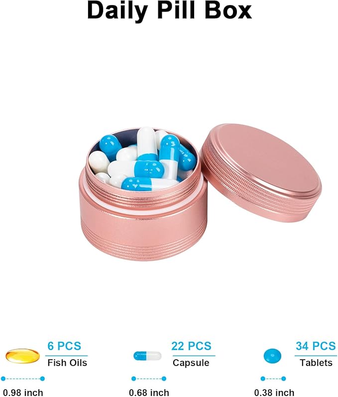 Small Metal Pill Box Pill Container - Waterproof Travel Pill Case for Purse Pocket, Portable Single Round Medecine Organizer Daily Vitamin Medication Pill Holder Pink