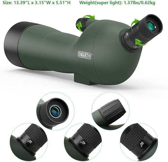 Emarth 20-60x60 Angled Spotting Scope for Target Shooting, Spotting Scope w/Tripod 14" Tabletop/Phone Adapter/Carry Bag, 1.37lb Spotter Scope, Ligth Waterproof Spotting Scopes for Hunting, Birding