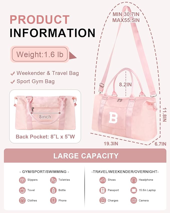 Initial Travel Duffel Bag Sports Gym Bag for Girls Teen Birthday Gifts,Pink Personalized Weekender Bag Carry On Tote Bags for Women Men,Waterproof Overnight Luggage Bag with Trolley Sleeve(Letter B)