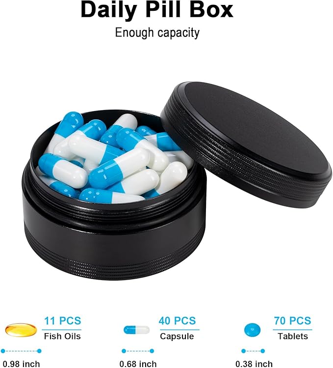 Portable Pill Box Metal Pill Case - Single Waterproof Pill Container for Purse & Pocket Travel Pillbox, Daily Round Aluminium Medicine Organizer Holder to Hold Vitamins, Medication, Fish Oil