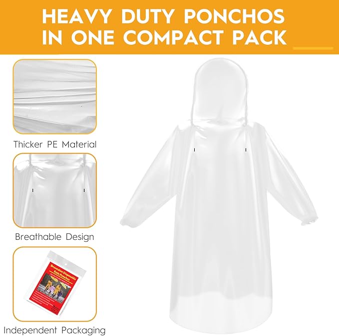 Bruvoalon 6 & 20 Pack Disposable Rain Ponchos for Adults/Youth, Waterproof PE Raincoats with Drawstring, Camping/Emergency