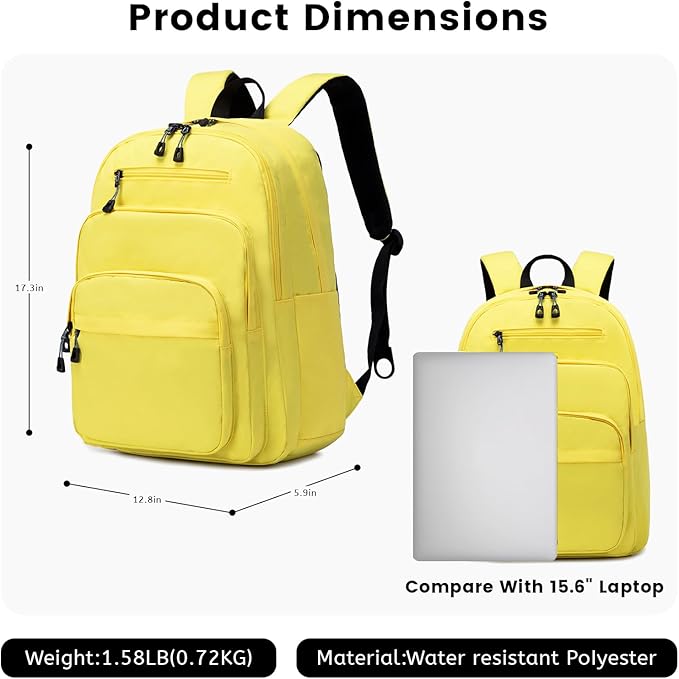 Lanola Basic Multi-Pocket Multipurpose Backpack Classical Water Resistant Student Bookbag For School Business Travel or Casual Daypack Backpacks For Men Or Women - Yellow