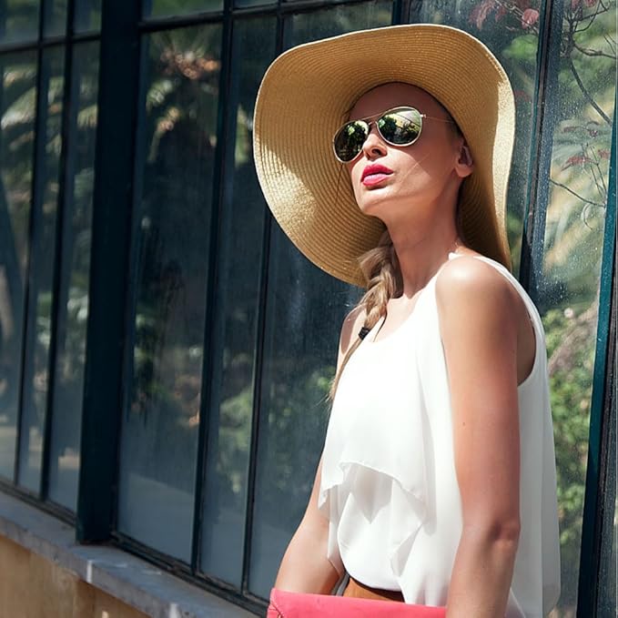 DRESHOW Beach Hats for Women Big Straw Wide Brim Summer Hat Floppy Foldable Roll up Cap Sun Hat UPF 50+