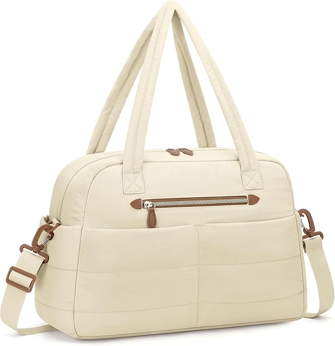 Travel Duffle Bag,Puffer Carry On Duffel Bag with Laptop Compartment Waterproof Overnight Weekender Bags for Women Large Hospital Tote Bags for Labor and Delivery(Medium,Beige）