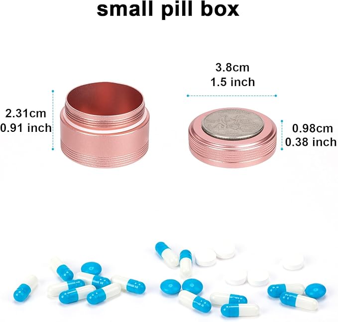 Small Metal Pill Box Pill Container - Waterproof Travel Pill Case for Purse Pocket, Portable Single Round Medecine Organizer Daily Vitamin Medication Pill Holder Pink