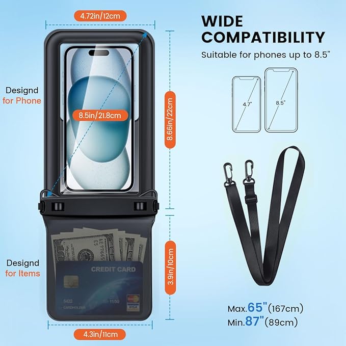 Floating Waterproof Phone Pouch - 2 Pack IPX8 Waterproof Phone Bag with Double Space, Waterproof Phone Case with Lanyard for iPhone 16 15 14 13 Pro Max Galaxy S24+ S23, Beach Cruise Ship Essentials