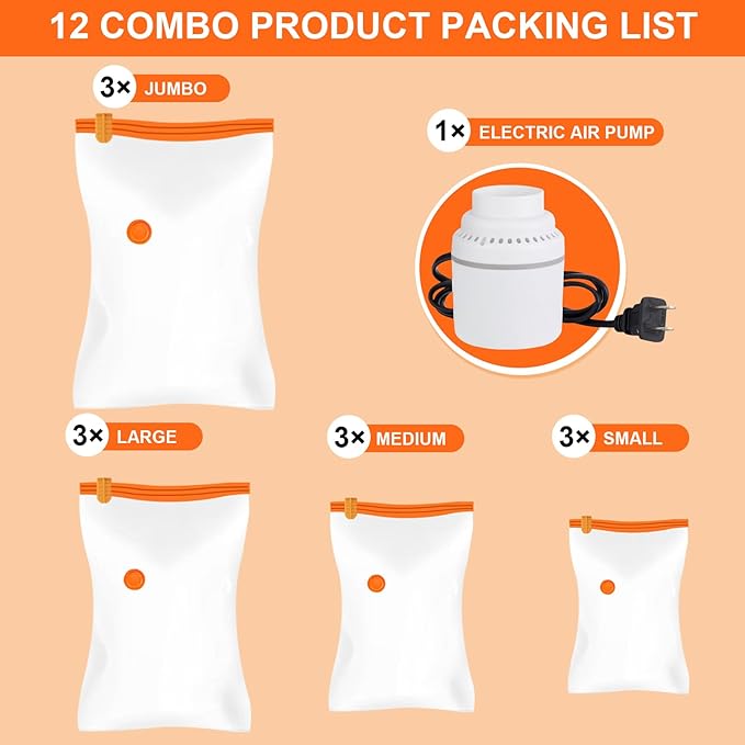 AGPTEK 12 Pack Vacuum Storage Bags(3 Jumbo/Large/Medium/Small) Compression Storage Bags for Blankets Clothes, Space Saver Vacuum Seal Bags for Clothing Bedding Travelling Luggage(Electric Pump)