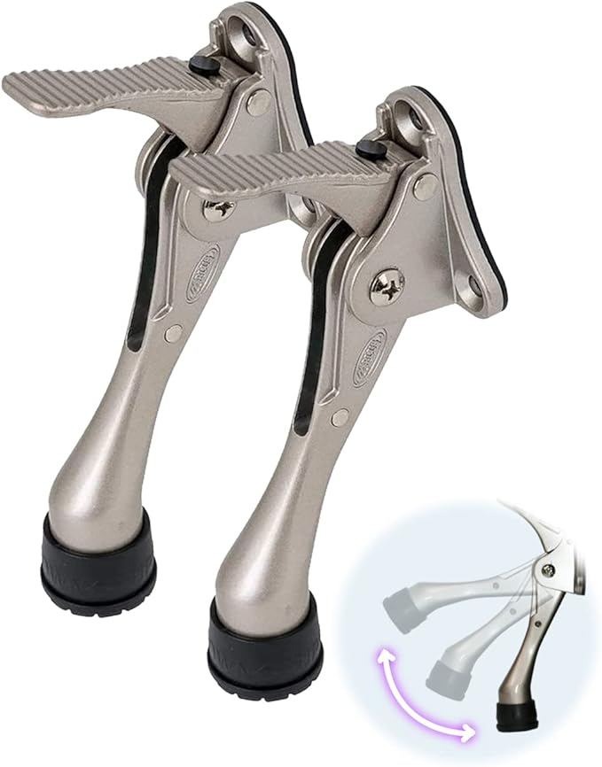 One Touch Kickdown Door Stopper, Door Holder, Heavy Duty Door Stops, Bottom of Door, Height-Adjustable Rubber Tips by HASHI (Satin Nickel 4 inch x 2pack)