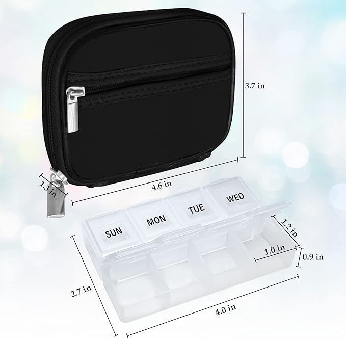 Serfeymi Weekly Travel Pill Organizer Pill Case for Purse with Removable 7 Day Pill Box, Fashionable Travel Medicine Organizer Pill Container for Medicine, Vitamin, Supplement - Black 01