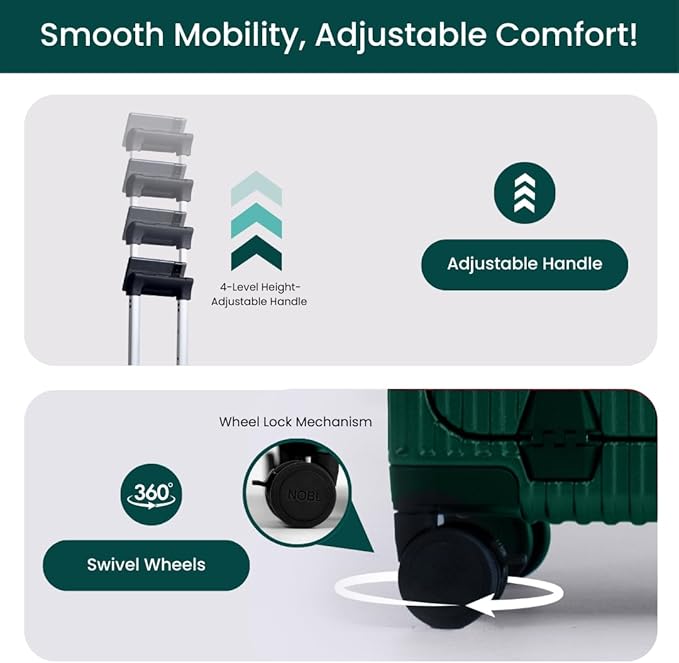 Nobl Travel Carry On Luggage, Noble Zipperless Aluminum Frame PC Hard Shell Suitcase, 22.5x15x9.5 Airline Approved, 360° Spinner Wheels, TSA Locks, USB Charging Port, Cup & Phone Holder -Forest Green