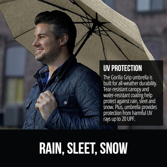 GORILLA GRIP Strong Stick Umbrella for Rain, Compact Travel One-Click Automatic Open Close, Lightweight, Portable, US Designed Reinforced Fiberglass Ribs, Wind Resistant, Easy Collapse, Beige