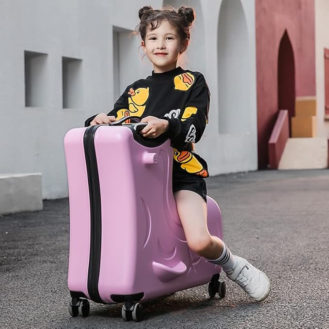 Hardside Ride on Kids Luggage with 4 Spinner Wheels for Girls and Boys,Rolling Childrens Travel Suitcase with Seat and Safety Belt for Toddler Ages 2-6,Verify Carry-on policy 21 Inch Pink