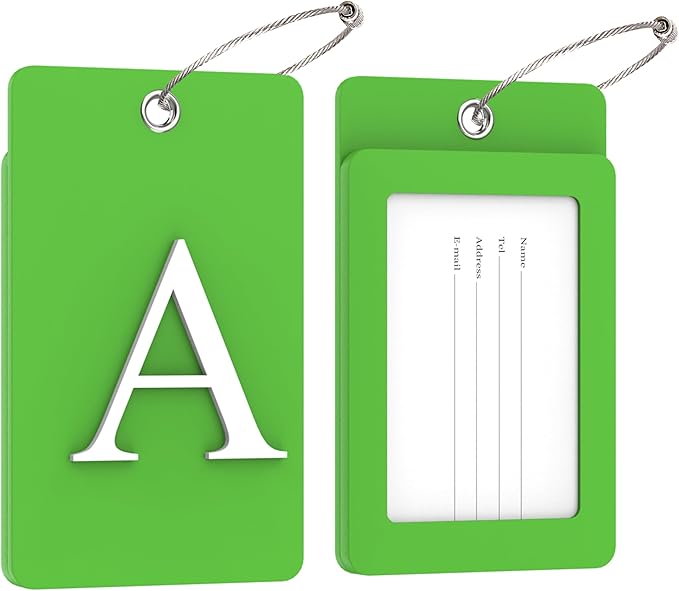 Gostwo 2 Pack Luggage Tags for Suitcases, 26 Initial Letter Travel Luggage Baggage Identification Labels ID Tag Fully Bendable Tags with Stainless Steel Loop (Green) (Letter A)