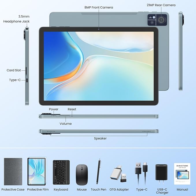 11 Inch Tablet, Android 14 Tablet with Sim Card Slot, 128GB+16GB+1TB Expandable, 2.0Ghz Octa-Core, 8000mAh Battery, Incell Screen, 21+8MP Dual Camera, 5G WiFi, Tableta with Keyboard/Mouse/Case, Gray