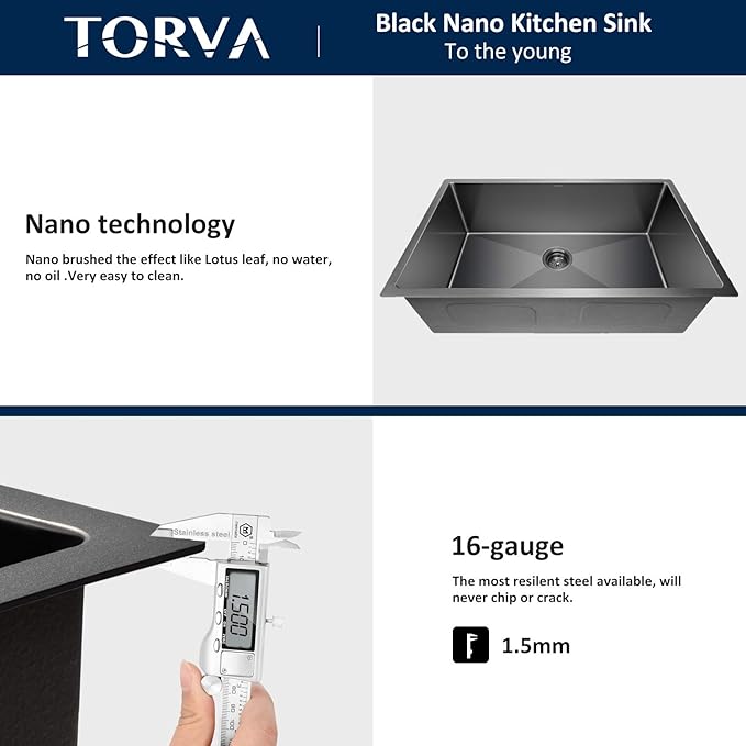 TORVA 25 x 18 Inch Gloss Black Ceramic Coating with NanoTek Undermount Kitchen Sink, PVD Coated Gunmetal Sink,16 Gauge Stainless Steel Wet Bar or Prep Sinks Single Bowl, Dark Gray