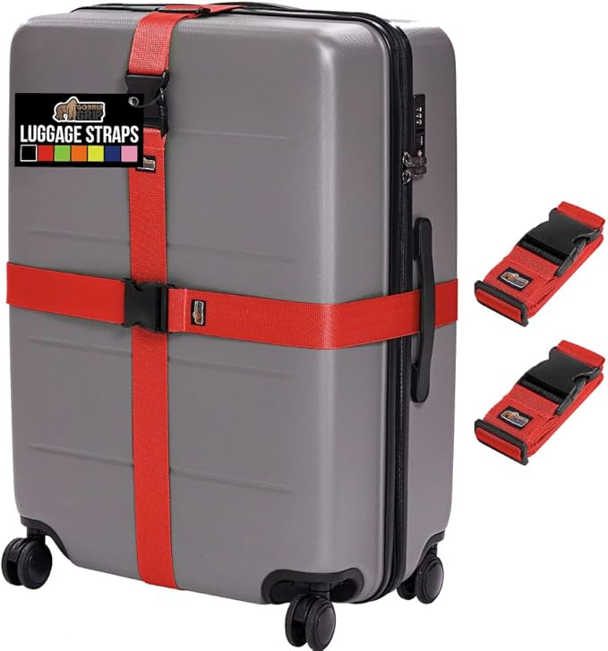 GORILLA GRIP Heavy Duty Adjustable Luggage Straps for Suitcases, Easy to Identify Travel Belt Connector Holds Suitcase Together, Extends Life of Bag, Strap Connects Two Bags, Accessories 2 Pack Red