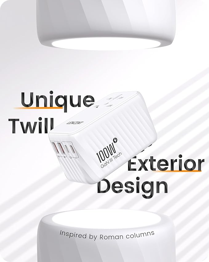 LENCENT Universal Travel Adapter, 100W GaN International Fast Charger with 2 PD3.0 Type C+2 QC USB A, Worldwide Power Adaptor for Phones,Laptops, All in One Travel Essentials for EU/USA/UK/AU, White