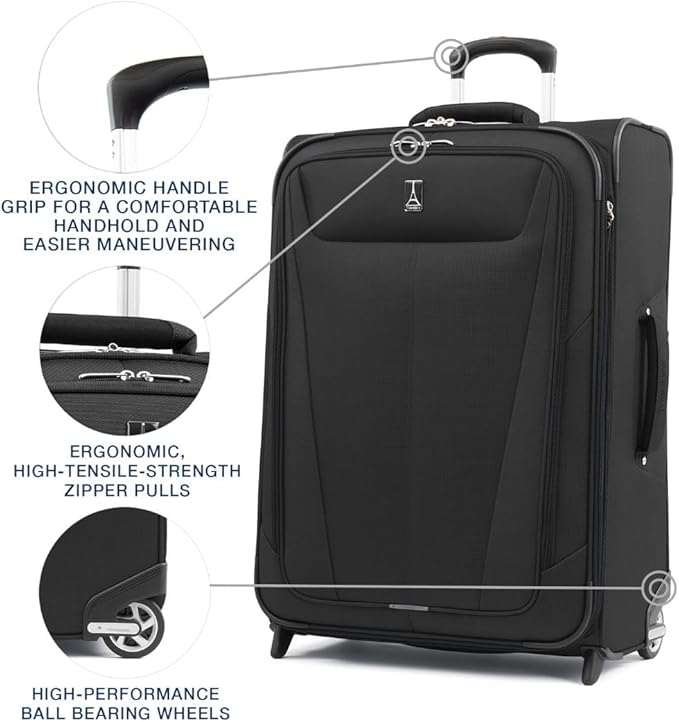 Travelpro Maxlite 5 Softside Expandable Upright 2 Wheel Checked Luggage, Lightweight Suitcase, Men and Women, Black, Checked Medium 26-Inch