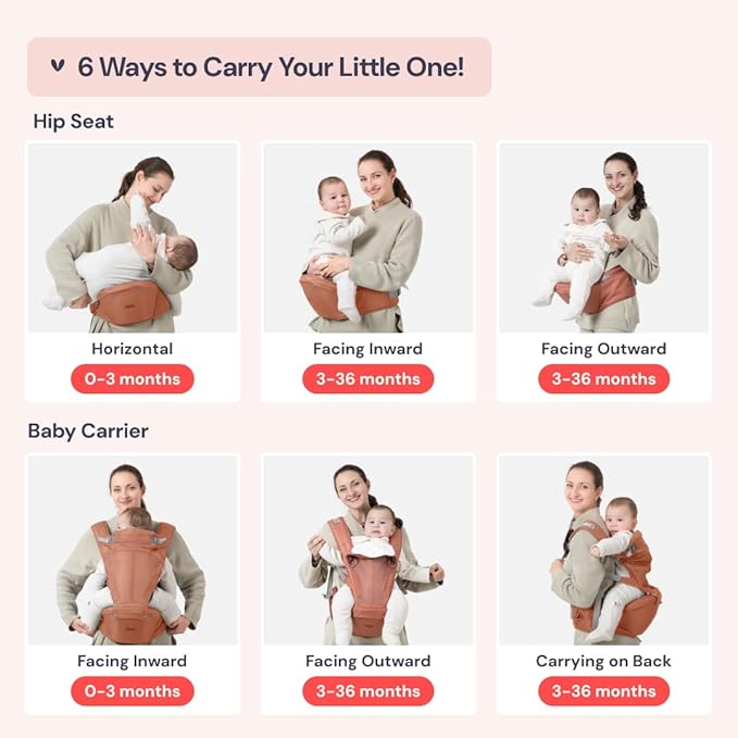BabbleRoo Grow Carrier – 6-in-1 Baby Carrier with Hip Seat, Ergonomic, Cozy & Adjustable Toddler Carrier 7-50 lbs with Hip & Lumbar Support, Hood for Sun Protection, Newborn to Toddler, Kangaroo Rose