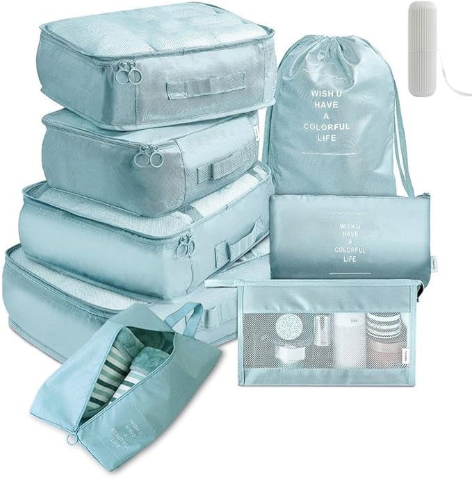 9 Set Packing Cubes for Suitcases, Aydicon Travel Luggage Packing Organizers with Laundry, Toiletry Bag, Compression Storage Shoe Bag, Toothbrush Case, Travel Essentials (Light Blue)