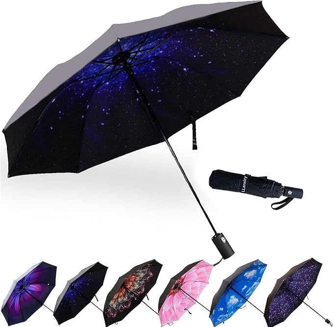 LLanxiry Compact Travel Umbrella, Mini Windproof Umbrellas for Rain & Sun, Small Lightweight Outdoor UV Umbrella, Portable Folding Umbrellas for Travel