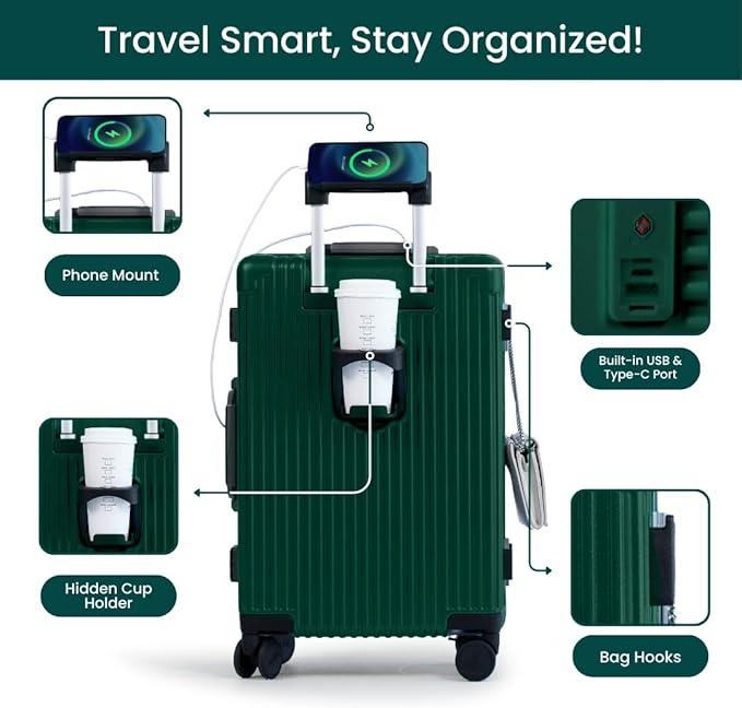 NOBL Travel Carry On Luggage, Noble Zipperless Aluminum Frame PC Hard Shell Suitcase, 20.8x15x8.7 Airline Approved, 360° Spinner Wheels, TSA Locks, USB Charging Port, Cup & Phone Holder - Forest Green
