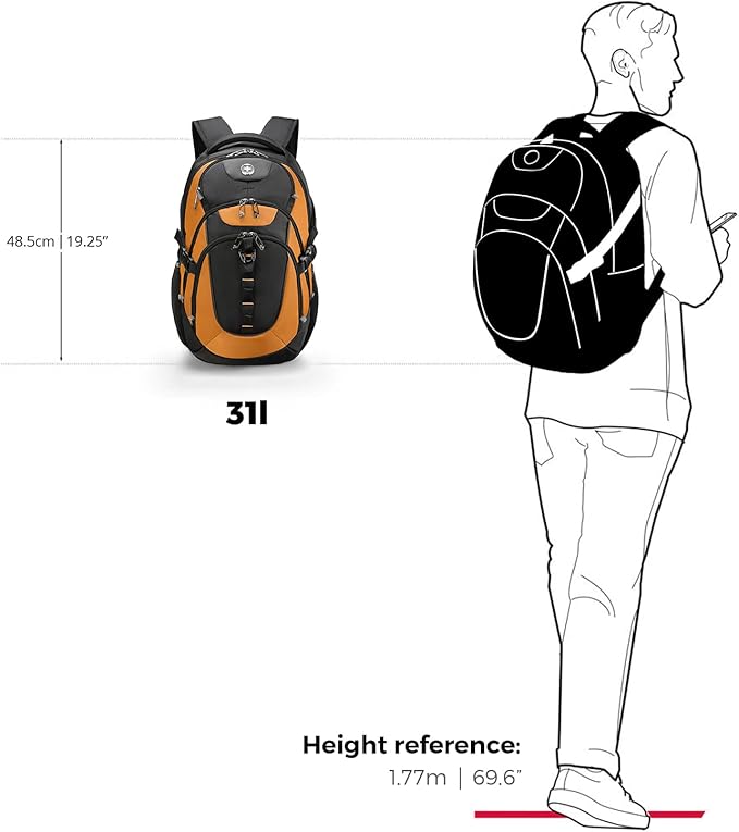 Swissdigital Design Laptop Backpack with USB Charging Port, TSA Travel Backpack Fits 15.6 inches Computer, 31L College School Backpack for Men, Orange/Black | SD803