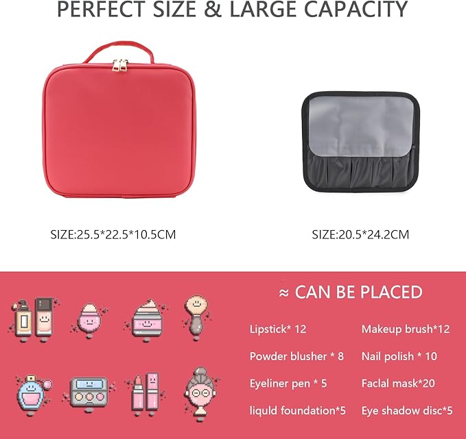 Makeup Bag with Led Mirror,Travel Makeup Organizer with 3 Color Setting, Portable Storage and Adjustable Dividers Travel Makeup Bag(light red)