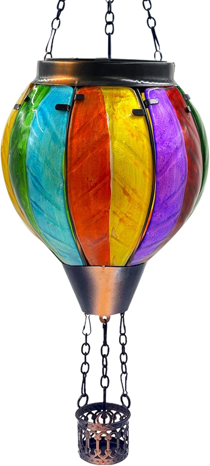 Colorful Hot Air Balloon Solar Lantern with Flickering Flame Light Glass Hanging Solar Lanterns Outdoor Waterproof for Garden Tree Yard Patio Party Decor