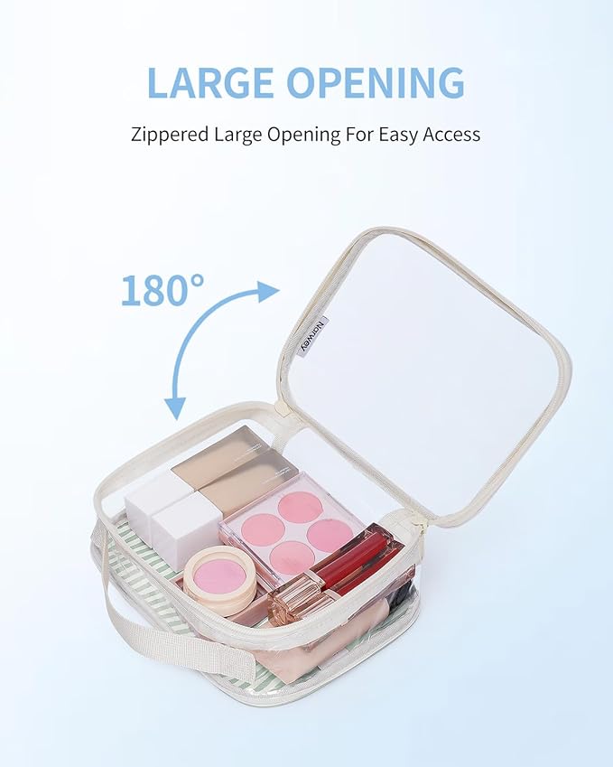 Narwey TSA Approved Clear Toiletry Bag for Travel, Waterproof PVC Clear Makeup Bags, Portable Compact Cosmetic Bag Make Up Organizer, Airport Airline Quart Size Compliant Bag (Mint Green Stripe)