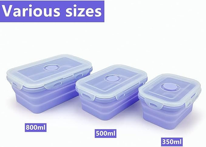 Purple Collapsible Meal Prep Containers Camping Bowls Silicone Bento Box with Airtight Plastic Lid, Microwave Safe, Portable Lunch Container, For Food Storage, Travel and Hiking, 3Pack