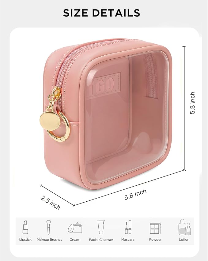 LETGO Mini Makeup Bag - Clear Toiletry Bag with Slip-in Pockets, Cute Cosmetic Essentials Pouch for Women, Pink Car Accessories for Girls(Mini Pink)