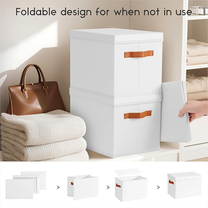 Storage Bins with Lids - Fabric Storage Baskets for Shelves, 4 Pack Foldable Decorative Boxes with Handles, Stackable Organizer Bins for Home, Nursery, Dorm, White
