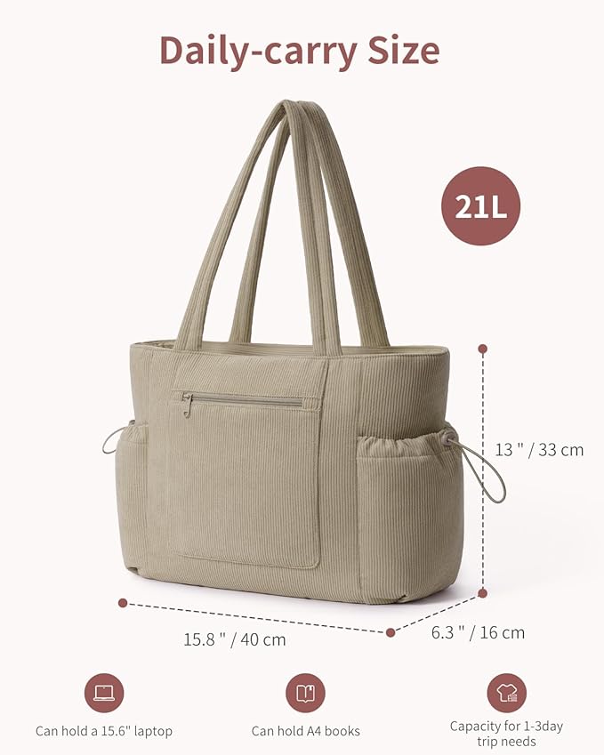 ECOHUB Tote Bag for Women, Work Tote Bags with Laptop Compartment, Large Corduroy Tote Bag with Stanley Cup Holder
