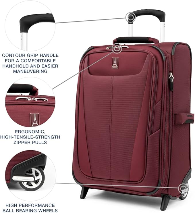 Travelpro Maxlite 5 Softside Expandable Upright 2 Wheel Carry on Luggage, Lightweight Suitcase, Men and Women, Burgundy, Carry On 22-Inch