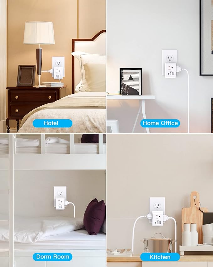Multi Plug Outlet Extender, Power Strip Non Surge Protector Electric Outlet Splitter with 3 USB Wall Charger (1 USB C), Multiple Outlet Expander for Cruise, Dorm, Travel, Home, Office