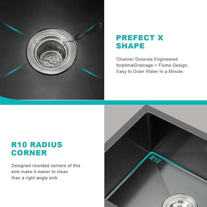 24x18 Inch Undermount Kitchen Sink Nano Black,18 Gauge Stainless Steel Single Bowl Kitchen Sink 9 Inch Deep Bowl Sink Undermount, 24"x18"x9"