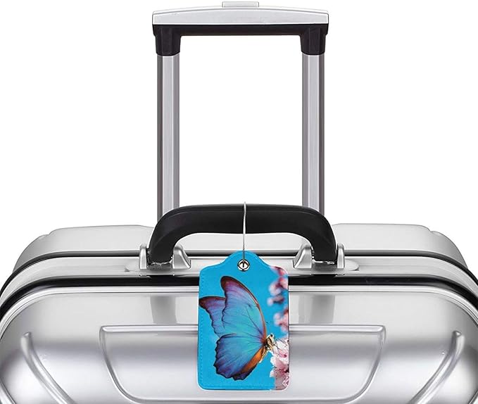 2 Pack Luggage Tags for suitcases Blue Funny Cute Butterfly Luggage Tag, Leather Stainless Steel Loop Label Tag for Men Women Travel Bag Suitcase(Butterfly)